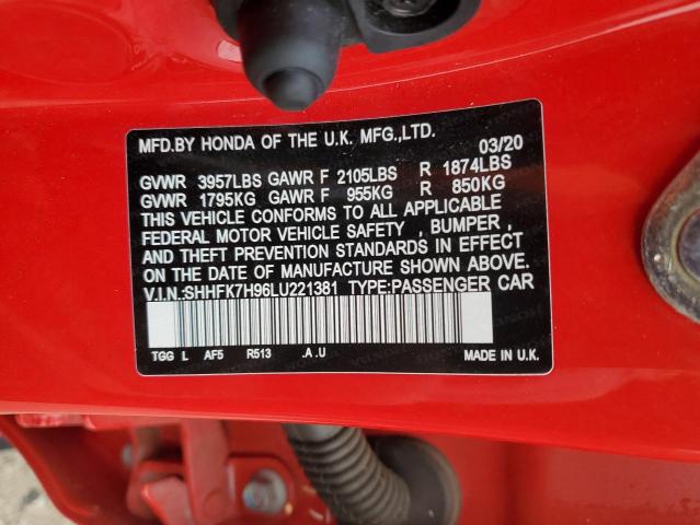 SHHFK7H96LU221381 - 2020 HONDA CIVIC SPORT TOURING RED photo 12