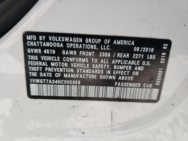 1VWGT7A34HC005958 - 2017 VOLKSWAGEN PASSAT SE WHITE photo 12