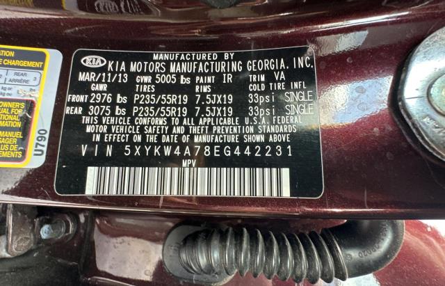 5XYKW4A78EG442231 - 2014 KIA SORENTO SX BURGUNDY photo 10