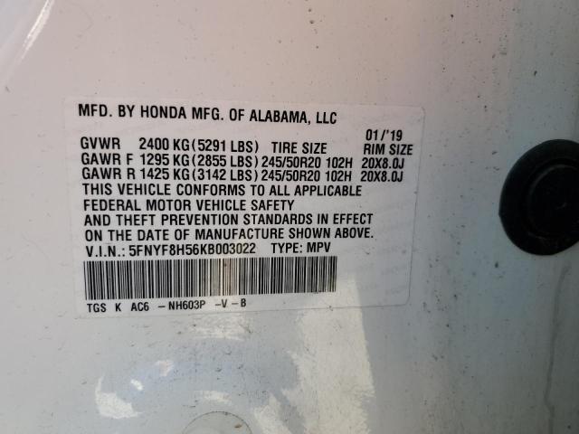 5FNYF8H56KB003022 - 2019 HONDA PASSPORT EXL WHITE photo 13