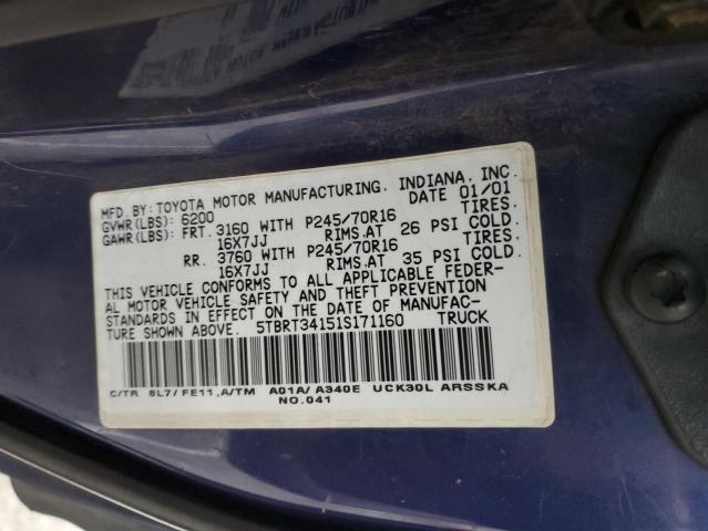 5TBRT34151S171160 - 2001 TOYOTA TUNDRA ACCESS CAB 蓝色 照片 12