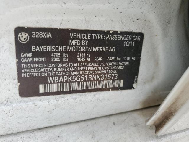 WBAPK5G51BNN31573 - 2011 BMW 328 XI SULEV WHITE photo 12