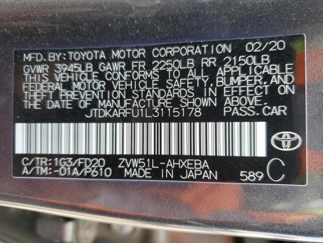 JTDKARFU1L3115178 - 2020 TOYOTA PRIUS L GRAY photo 13