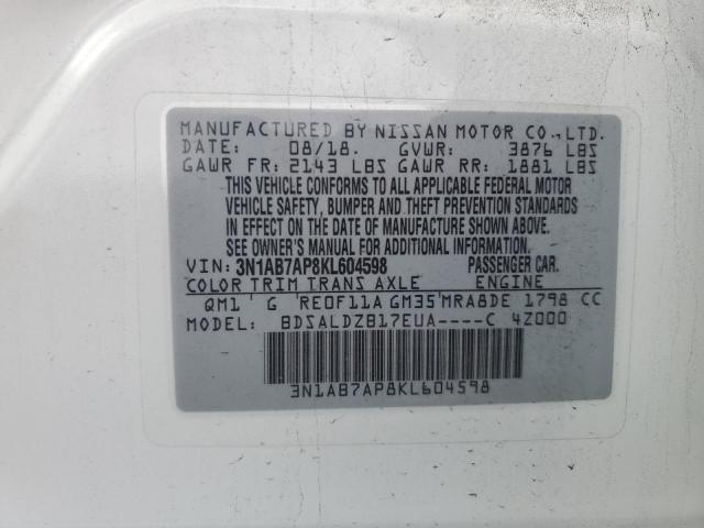 3N1AB7AP8KL604598 - 2019 NISSAN SENTRA S WHITE photo 12