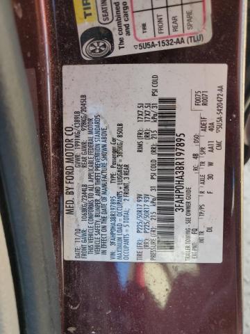 3FAHP0HA3BR197895 - 2011 FORD FUSION SE BURGUNDY photo 12