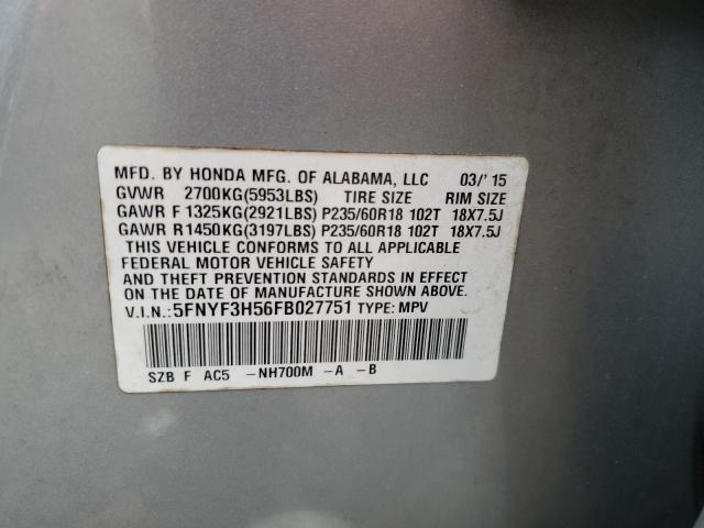 5FNYF3H56FB027751 - 2015 HONDA PILOT EXL SILVER photo 14