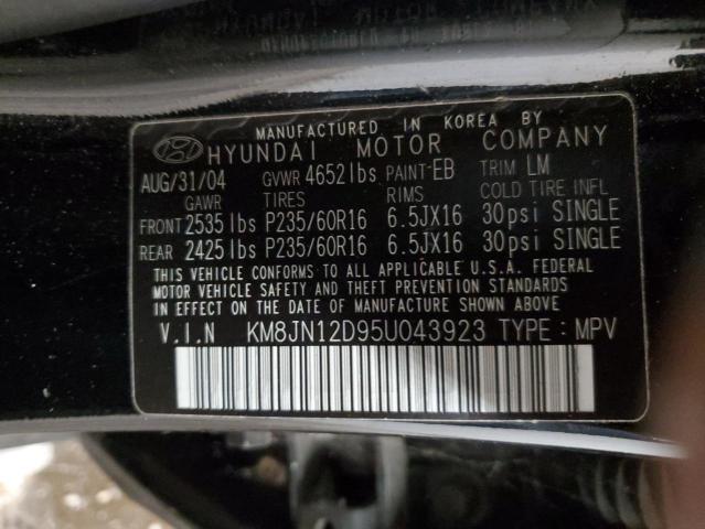 KM8JN12D95U043923 - 2005 HYUNDAI TUCSON GLS BLACK photo 13