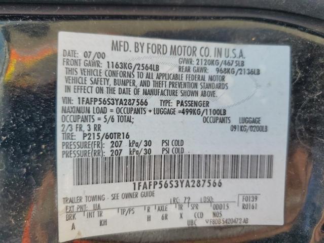 1FAFP56S3YA287566 - 2000 FORD TAURUS SEL BLACK photo 12