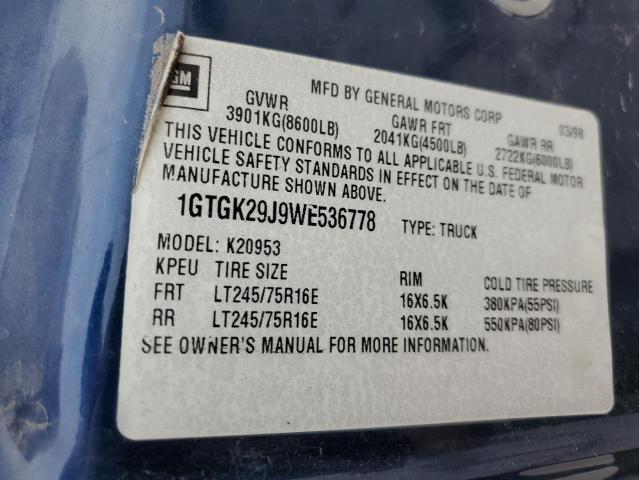 1GTGK29J9WE536778 - 1998 GMC SIERRA K2500 BLUE photo 12