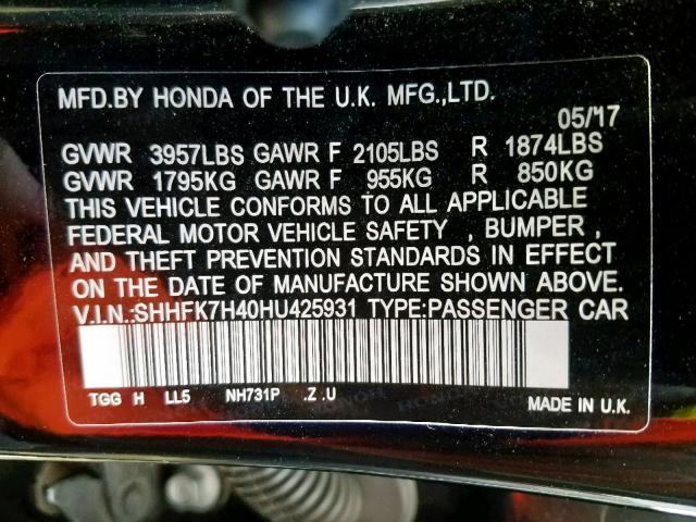 SHHFK7H40HU425931 - 2017 HONDA CIVIC SPORT  zdjęcie 10