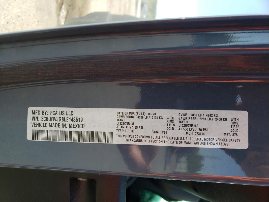 3C6URVJG8LE143619 - 2020 RAM PROMASTER 3500 HIGH ლურჯი ფოტო 10