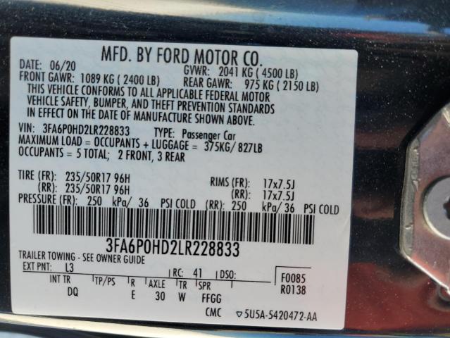 3FA6P0HD2LR228833 - 2020 FORD FUSION SE BLACK photo 12