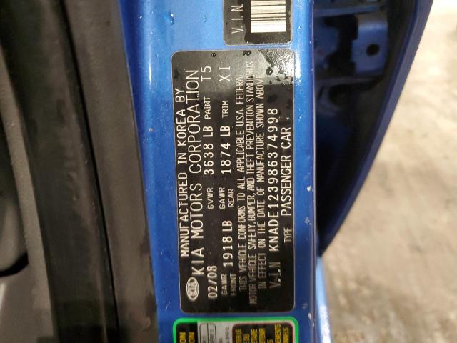 KNADE123986374998 - 2008 KIA RIO BASE BLUE photo 12