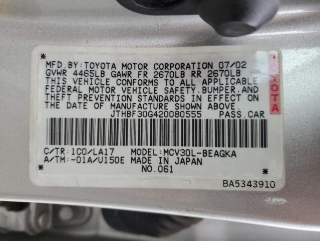 JTHBF30G420080555 - 2002 LEXUS ES 300 SILVER photo 12