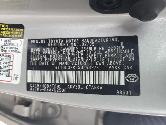 4T1BE32K65U546274 - 2005 TOYOTA CAMRY LE SILVER photo 12