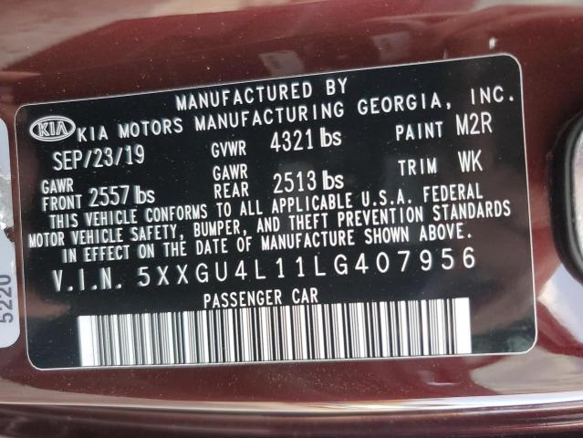 5XXGU4L11LG407956 - 2020 KIA OPTIMA EX BURGUNDY photo 12