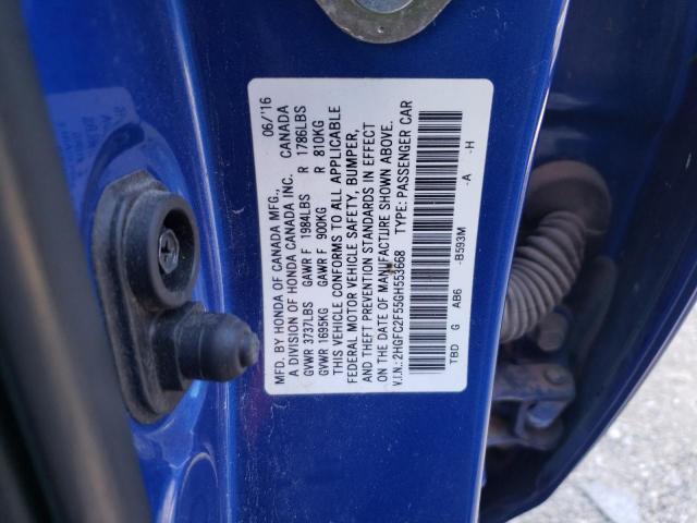 2HGFC2F55GH553668 - 2016 HONDA CIVIC LX BLUE photo 12