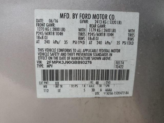 2FMPK3J90GBB93276 - 2016 FORD EDGE SEL SILVER photo 12