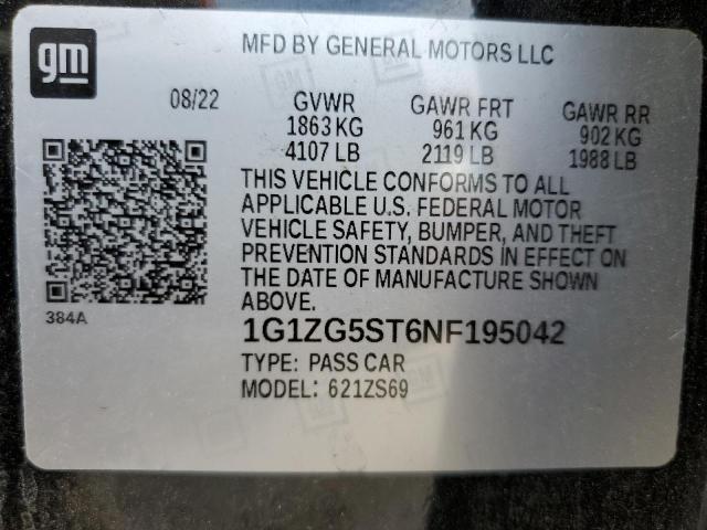 1G1ZG5ST6NF195042 - 2022 CHEVROLET MALIBU RS შავი ფოტო 12