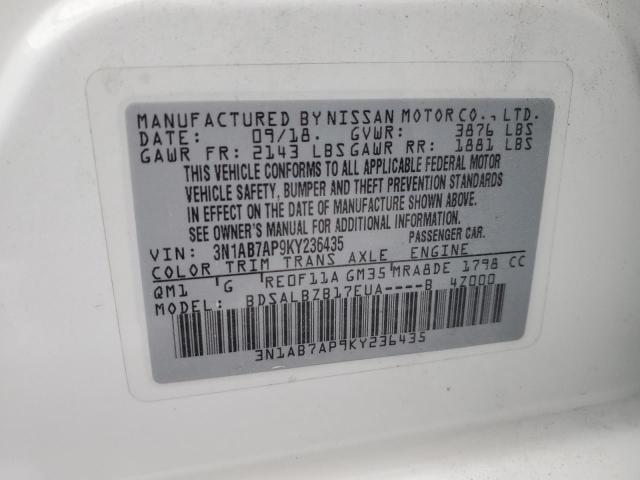 3N1AB7AP9KY236435 - 2019 NISSAN SENTRA S WHITE photo 12