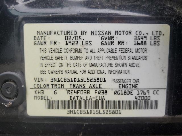 3N1CB51D15L525801 - 2005 NISSAN SENTRA 1.8 BLACK photo 12