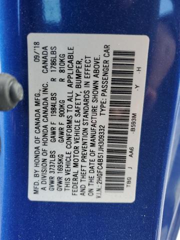 2HGFC4B51JH309332 - 2018 HONDA CIVIC LX BLUE photo 12