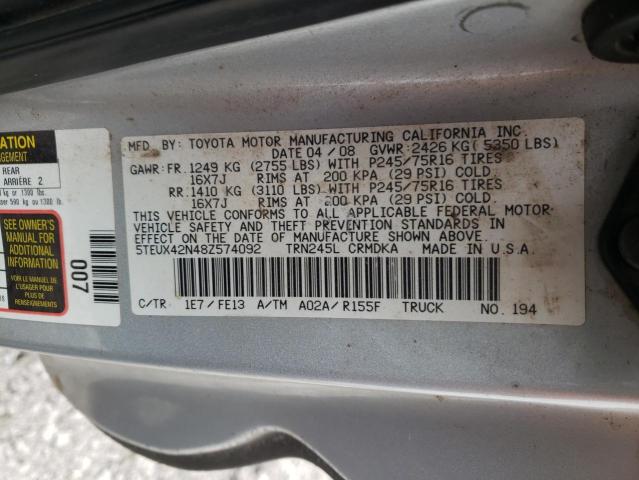 5TEUX42N48Z574092 - 2008 TOYOTA TACOMA ACCESS CAB Сұр фото 10