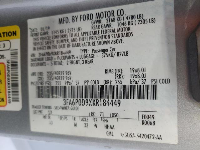 3FA6P0D9XKR184449 - 2019 FORD FUSION TITANIUM SILVER photo 12