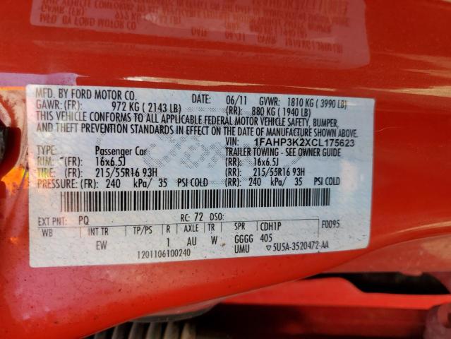 1FAHP3K2XCL175623 - 2012 FORD FOCUS SE RED photo 12