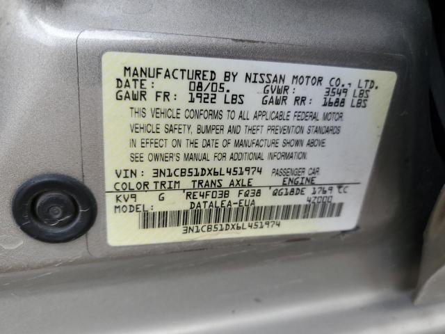 3N1CB51DX6L451974 - 2006 NISSAN SENTRA 1.8 BEIGE photo 12