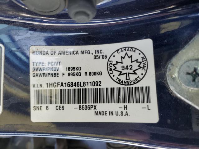 1HGFA16846L811092 - 2006 HONDA CIVIC EX BLUE photo 12