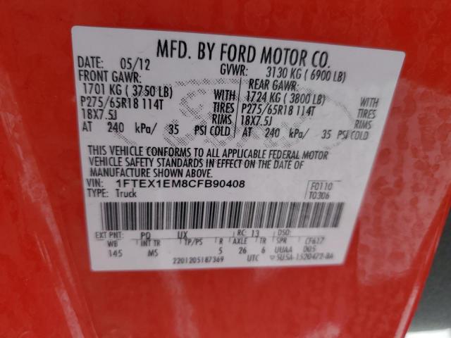 1FTEX1EM8CFB90408 - 2012 FORD F150 SUPER CAB RED photo 12