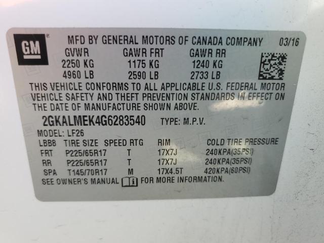 2GKALMEK4G6283540 - 2016 GMC TERRAIN SLE WHITE photo 12