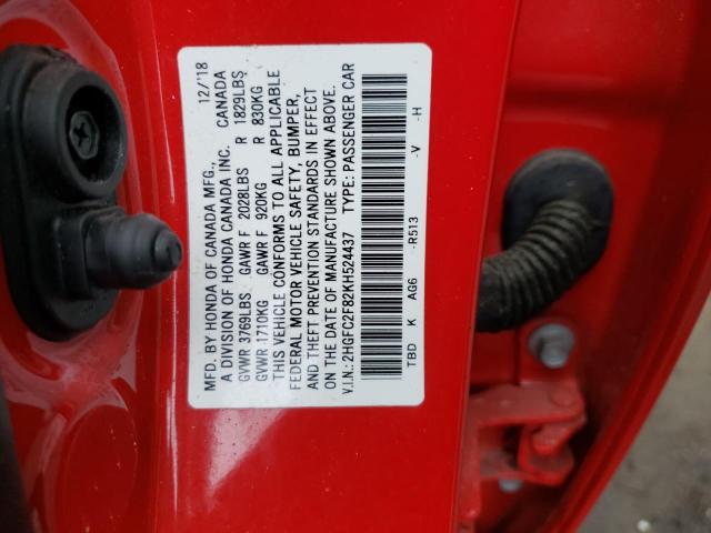 2HGFC2F82KH524437 - 2019 HONDA CIVIC SPORT 红色 照片 12