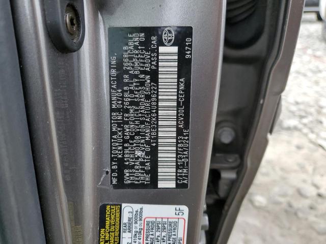 4T1BE32K64U896227 - 2004 TOYOTA CAMRY LE TAN photo 12