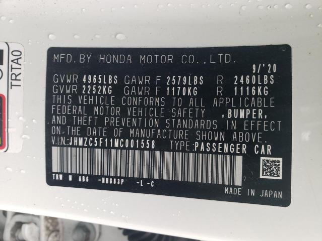 JHMZC5F11MC001558 - 2021 HONDA CLARITY WHITE photo 13