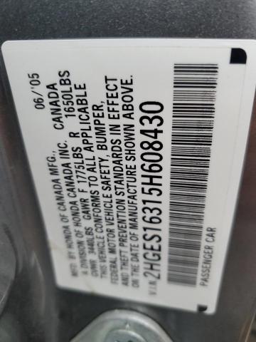 2HGES16315H608430 - 2005 HONDA CIVIC DX VP GRAY photo 12