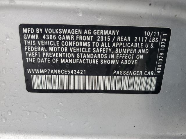 WVWMP7AN9CE543421 - 2012 VOLKSWAGEN CC SPORT SILVER photo 13