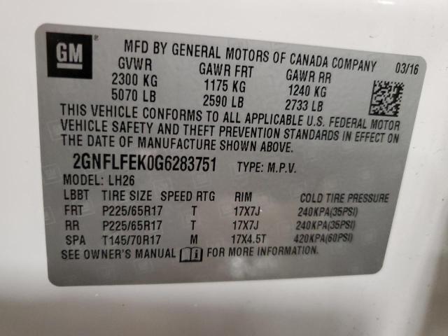 2GNFLFEK0G6283751 - 2016 CHEVROLET EQUINOX LT WHITE photo 14