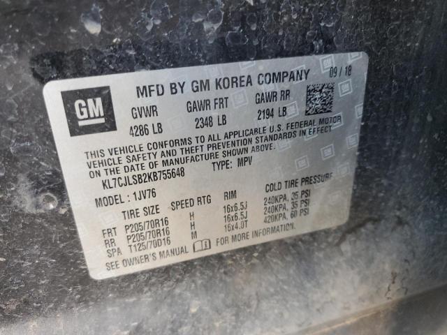 KL7CJLSB2KB755648 - 2019 CHEVROLET TRAX 1LT Қара фото 12