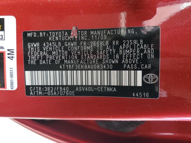 4T1BF3EK8AU083430 - 2010 TOYOTA CAMRY BASE RED photo 12