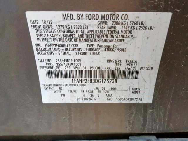 1FAHP2F83DG175238 - 2013 FORD TAURUS LIMITED  photo 10