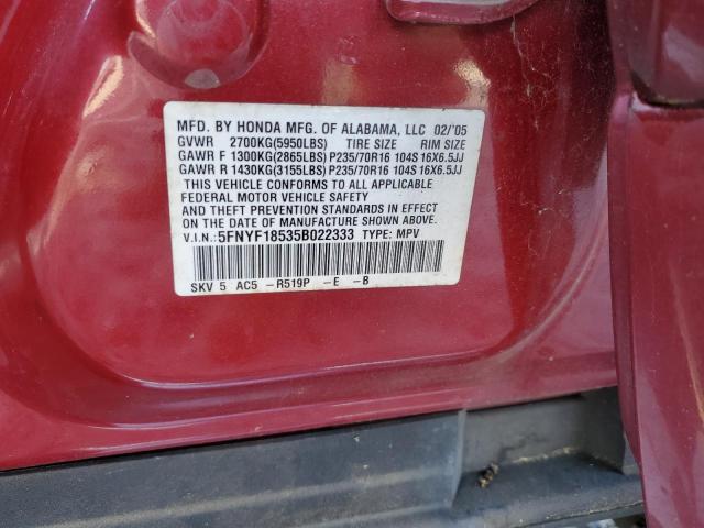 5FNYF18535B022333 - 2005 HONDA PILOT EXL MAROON photo 14