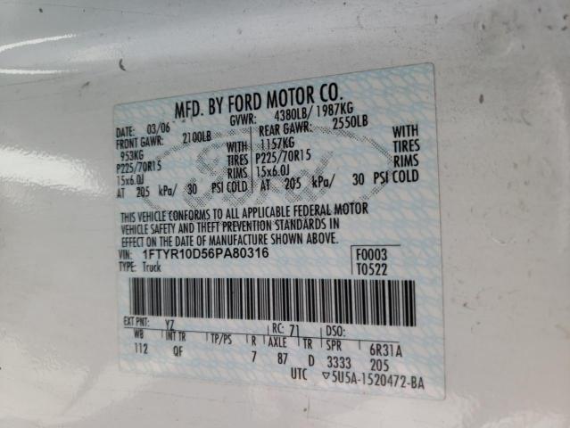 1FTYR10D56PA80316 - 2006 FORD RANGER WHITE photo 12