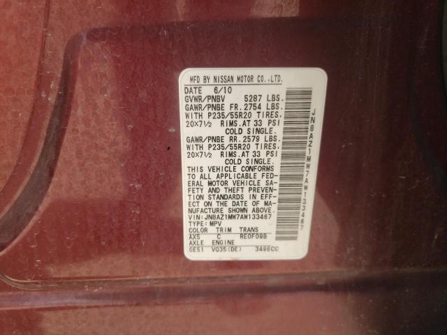 JN8AZ1MW7AW133467 - 2010 NISSAN MURANO S RED photo 12