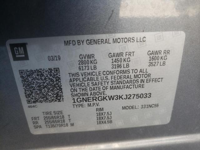 1GNERGKW3KJ275033 - 2019 CHEVROLET TRAVERSE LT GRAY photo 13