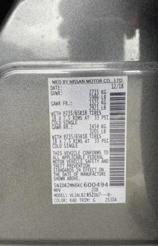 5N1DR2MN6KC600494 - 2019 NISSAN PATHFINDER S 石墨色 照片 10