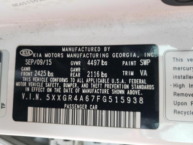 5XXGR4A67FG515938 - 2015 KIA OPTIMA SX WHITE photo 12