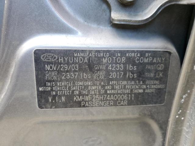 KMHWF25H74A000611 - 2004 HYUNDAI SONATA GL GRAY photo 12