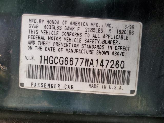 1HGCG6677WA147260 - 1998 HONDA ACCORD EX GREEN photo 12